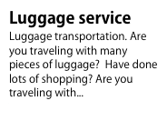 Luggage service
Luggage transportation. Are you traveling with many pieces of luggage?  Have done lots of shopping? Are you traveling with...To know more...